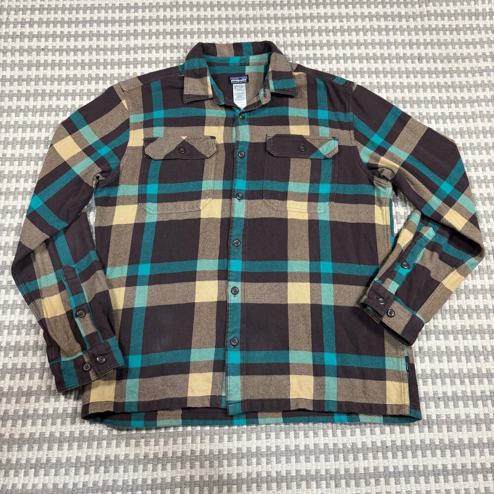 Patagonia Men's Long-Sleeved Fjord Flannel‎ Shirt Brown Teal Plaid Size M